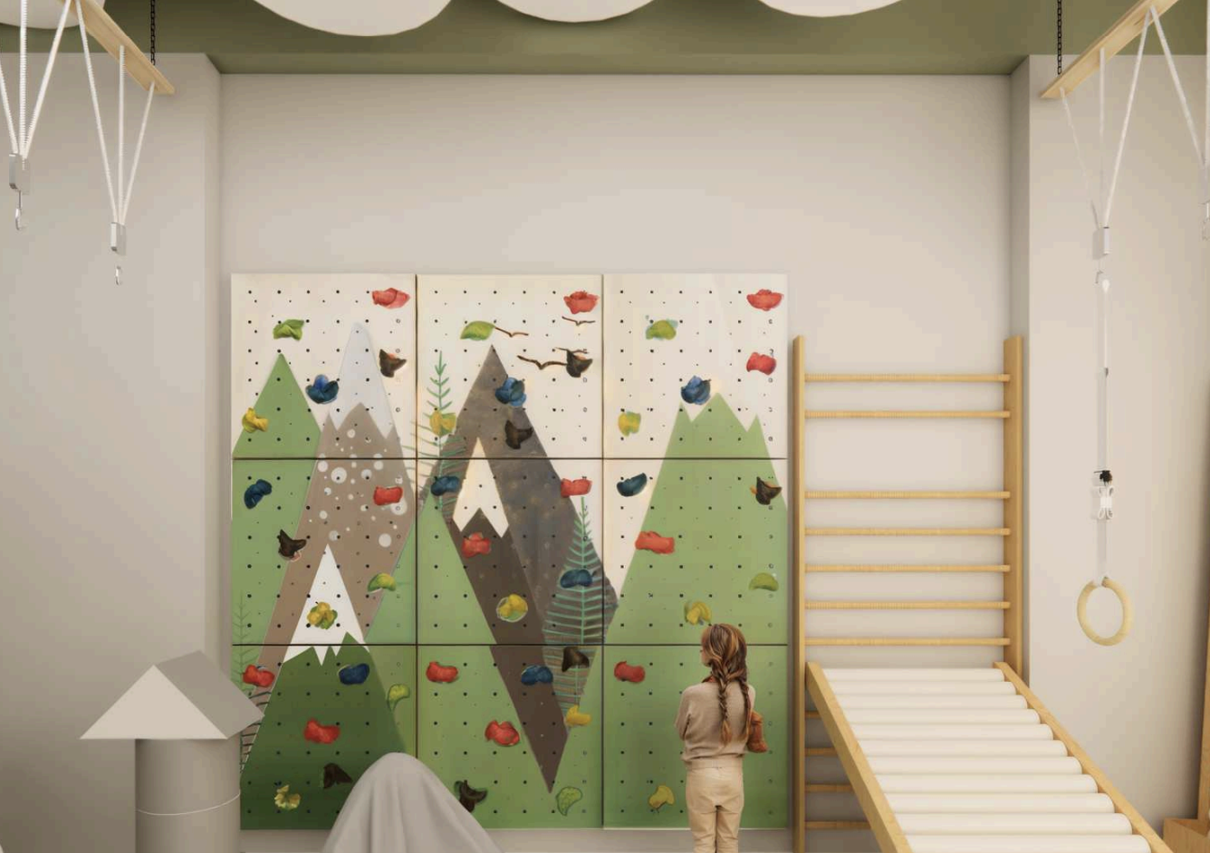 Sala integracji sensorycznej z huśtawkami i sprzętem terapeutycznym